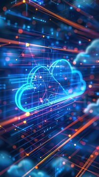 Futuristic cloud technology with vibrant data connections and digital elements representing cloud computing and data transfer.