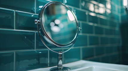 A round mirror stands on a counter in a modern bathroom with blue tiles, reflecting light and creating a stylish ambiance.