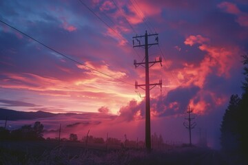 Power Lines Silhouetted Against a Dramatic Sunset.