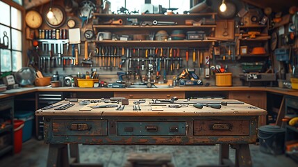 A cinematic photograph of a tinker's workbench, precisely organized small repair tools, soft sunlight creating a cozy atmosphere, intricate details on the tools and workbench,