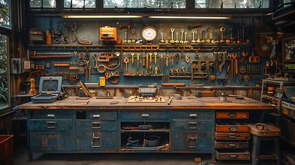 A cinematic photograph of a workbench, neatly organized tools, early morning light creating a serene ambiance, detailed textures of tools and workbench, central focus on main tools,