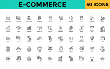 E-commerce icon set with shopping basket, ecommerce, online payment, online shopping, discount, buy, shopping bag, store, shopping bags icon. Simple line vector 

