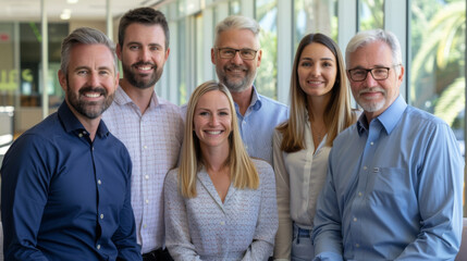 Obraz premium A diverse group of business professionals smiling at the camera, standing in a modern office environment with large windows.