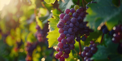 Close-up of ripe grapes hanging on the vine, bathed in sunlight, showcasing the freshness and vibrancy of the vineyard.