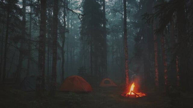 Camping in the Woods with a Bonfire.