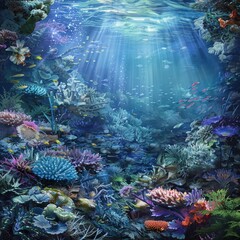 A vibrant underwater scene showcasing colorful coral reefs, diverse marine life, and beams of sunlight illuminating the ocean depths.