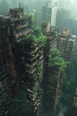 Obraz premium Aerial view of abandoned skyscrapers overtaken by lush greenery, showcasing nature reclaiming urban spaces amidst fog.
