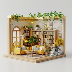 Fototapeta premium 3D Isometric Design of a Cozy Modern Living Room with Bookshelves, Indoor Plants, and Comfortable Furniture