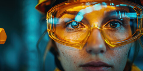 Close-up of a female worker wearing orange protective goggles, emphasizing workplace safety and protection.