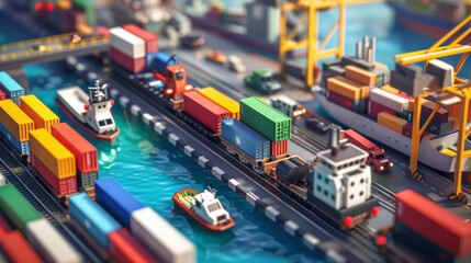 Naklejka premium Showcase various modes of transportation, including cargo ships, freight trains, trucks, and cargo planes, working seamlessly to transport goods efficiently