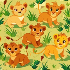 Obraz premium Seamless pattern of adorable lion cubs playing in the grass, Generative AI
