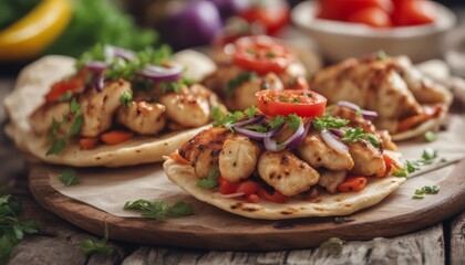 front view chicken lula kebab on pita bread with tomato and grilled pepper with onions and herbs