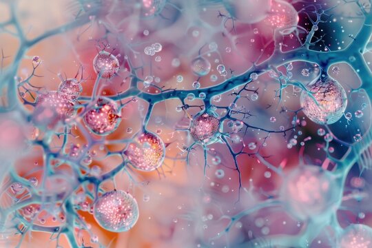 Close-up of a microscopic view of nerve tissue, showing neurons and glial cells, high detail, scientific illustration