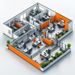 Obraz premium Modern 3D Isometric Office Design with Contemporary Furniture and Open Workspace Layout