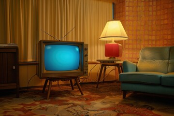 A nostalgic scene featuring a vintage television set with a blank screen, placed in a mid-century modern living room. The room is warmly lit with period-accurate furnishings.







