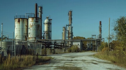 Obraz premium Abandoned industrial site with tall chimneys and rusting equipment under clear blue sky, showcasing decline of manufacturing.