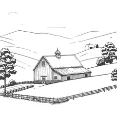 a black and white drawing of a barn with a barn in the background.