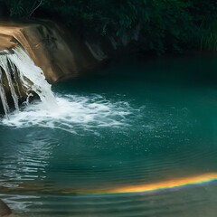 Illustrate a tranquil waterfall cascading into a serene pool. Emphasize the gentle splash and the ripples extending outward. Include lushgreenery and possibly a rainbow formed by the mist