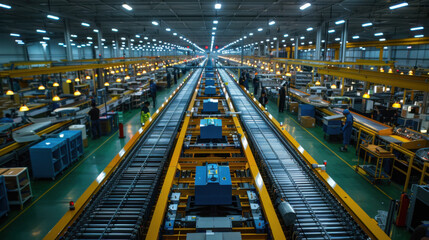 Fototapeta premium A vast industrial factory with a high-tech assembly line and advanced machinery under bright, uniform lighting.