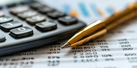 A golden pen and calculator placed on financial documents with numerical data, representing financial planning and analysis.