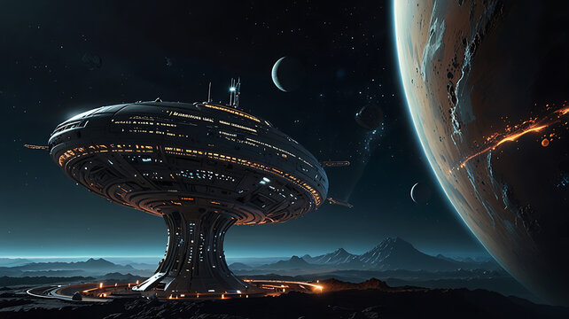 An intricate illustration of an alien space station orbiting a distant planet, showcasing its unique architecture, docking bays, and futuristic technology, with space for text.