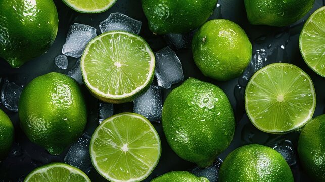 Fresh green limes and sliced halves on ice, showcasing vibrant color and texture, ideal for culinary and beverage themes.