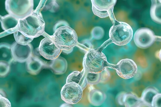 Close-up of a microscopic view of yeast cells, showing budding cells, high detail, scientific illustration