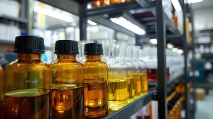 Row of amber glass bottles filled with liquid on a laboratory shelf, showcasing various chemical products in a storage area.