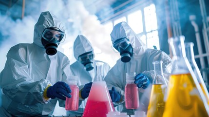 Scientists in protective gear conduct experiments with colorful liquids in a laboratory filled with smoke and scientific equipment.