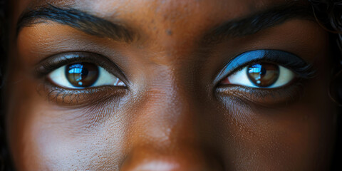 Fototapeta premium Detailed close-up of a woman's eyes, showing reflections and capturing the intensity and depth of her gaze.