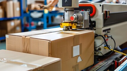 Industrial Packing Machine Sealing Cardboard Boxes in Warehouse Facility