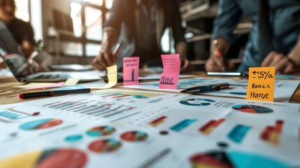 Obraz premium Team collaboration over project documents with charts, graphs, and sticky notes on a wooden table in a bright workspace.