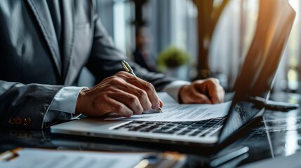 A close-up of a businessman working on a laptop, taking notes, and managing tasks in a modern office environment.