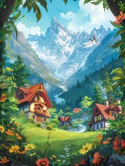 Enchanting Adventure Children's Book Cover with Magical Mountain Village and Lush Greenery