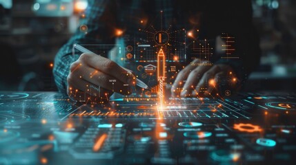 A person uses a digital pen on an illuminated touchscreen, exploring innovative technology concepts with a futuristic interface.