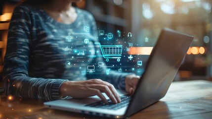 A person using a laptop to shop online, with digital shopping icons floating around, representing modern e-commerce.
