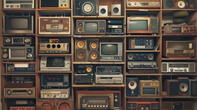 Stack of vintage wall collections of technology old radios background wallpaper AI generated image