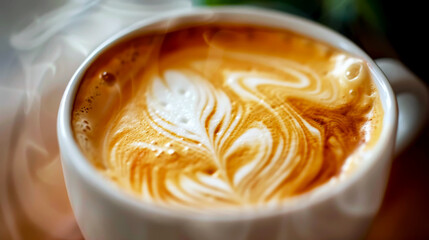Steaming cup of coffee with latte art is sitting on a wooden table, waiting to be enjoyed