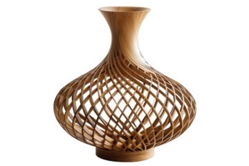 Elegant wooden vase with intricate lattice design, perfect for home decor and artistic displays. Natural wood texture and craftsmanship.
