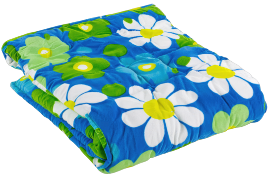 Colorful floral blanket with bold white, yellow and green flowers on a blue background, perfect for adding vibrant decor to any room.