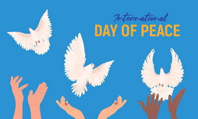 Obraz premium Peace Day. People release white doves into the sky. Flat cartoon style illustration. Vector. Concept of hope, sign of freedom and independence, manifestation of the holy spirit.