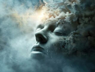 Surreal Artistic Representation of a Human Face Emerging from Clouds with Ethereal Light
