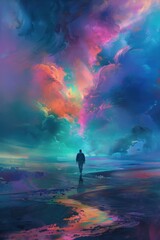 Obraz premium A person walks towards a vibrant sky filled with colorful clouds, reflecting hope and adventure in a surreal landscape.