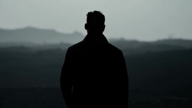 Silhouetted figure stands against misty mountains at dusk. Dark, moody atmosphere evokes solitude and introspection. Grainy texture adds vintage cinematic feel.	