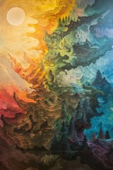 A vibrant abstract landscape blending warm and cool colors, depicting a sunlit sky above lush, dreamy forest silhouettes.