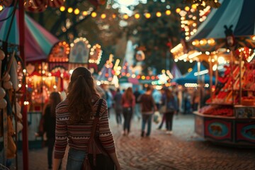 Fototapeta premium A vibrant evening at a lively market, illuminated by colorful lights, bustling with people enjoying the festive atmosphere.
