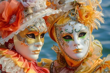 Two elegantly adorned masks in vibrant colors, showcasing intricate designs at a festive celebration near water.