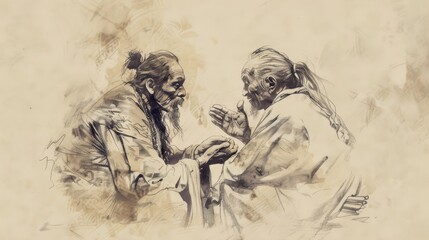 Genesis,The Prisoners’ Dreams:Historical Sketch of Chief Cupbearer Sharing Dream with Joseph, Modern Minimalist Biblical Illustration, Bold Pencil Lines, Soft Beige Background 