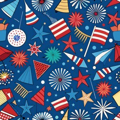 Obraz premium Seamless pattern of Fourth of July fireworks and flags, Generative AI