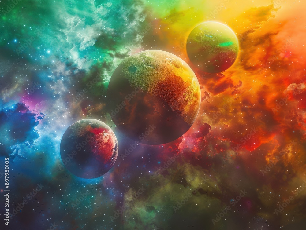 Wall mural vibrant cosmic scene featuring colorful planets and a rich nebula, perfect for space-themed projects